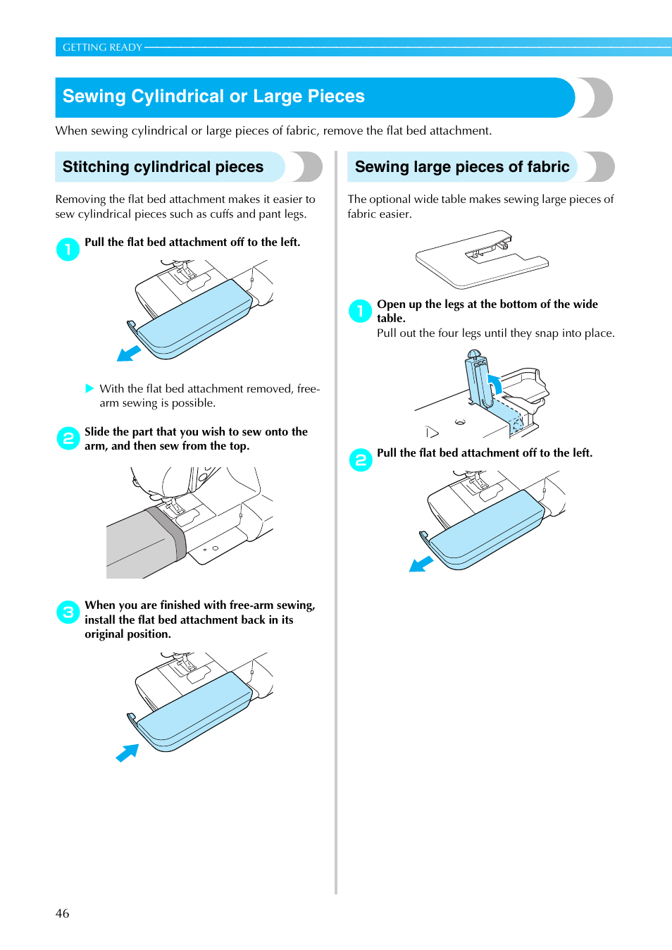 Sewing cylindrical or large pieces, Stitching cylindrical pieces, Sewing large pieces of fabric | Brother Innov-i User Manual | Page 48 / 152