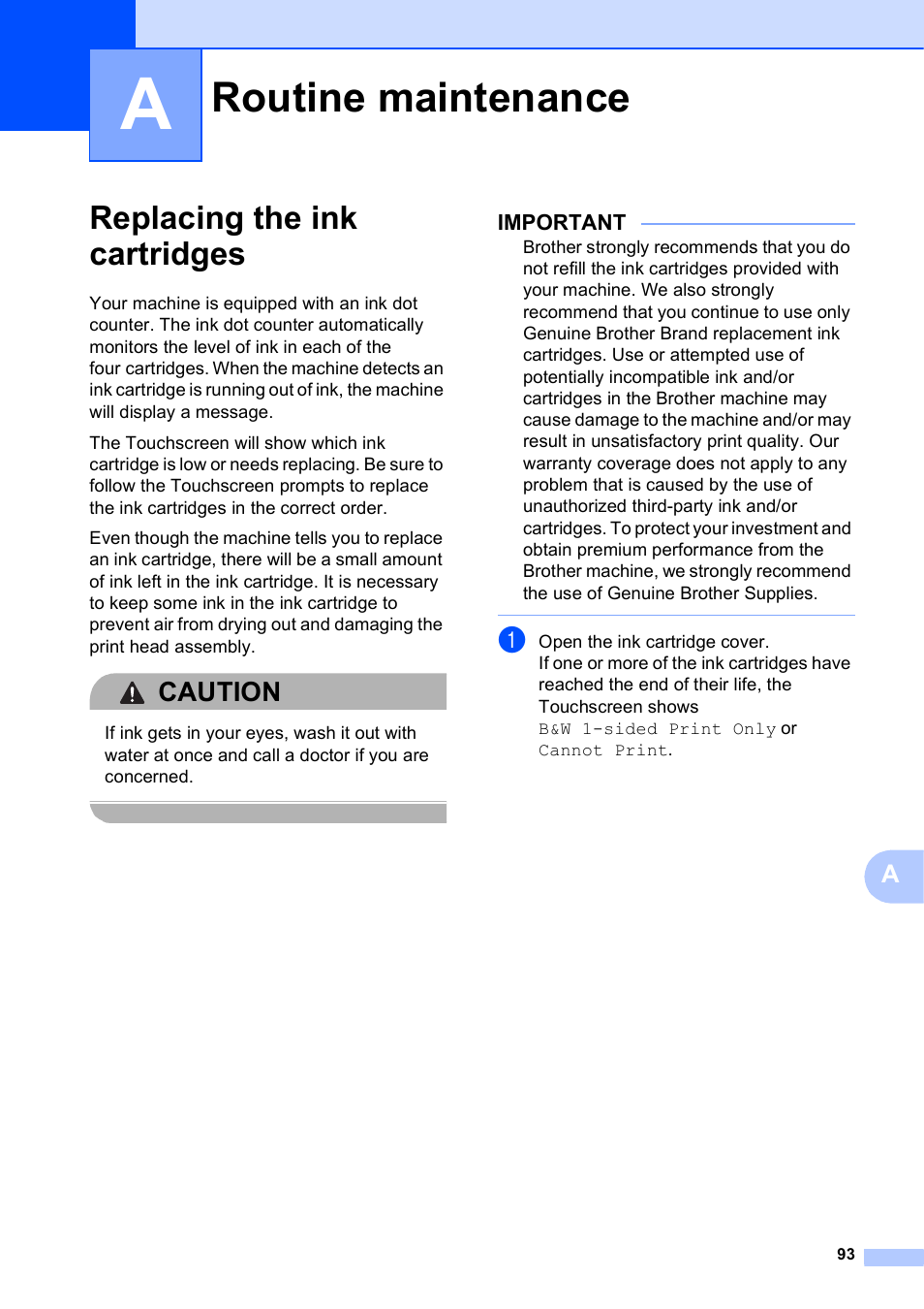 A routine maintenance, Replacing the ink cartridges, Routine maintenance | Caution | Brother MFC-J4710DW User Manual | Page 107 / 211