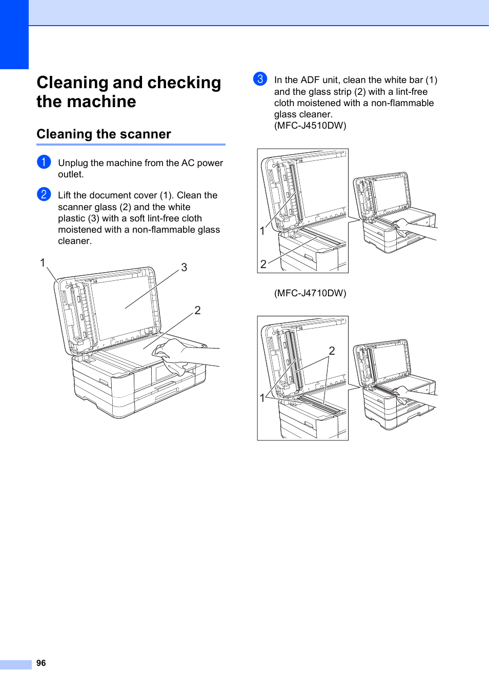 Cleaning and checking the machine, Cleaning the scanner | Brother MFC-J4710DW User Manual | Page 110 / 211