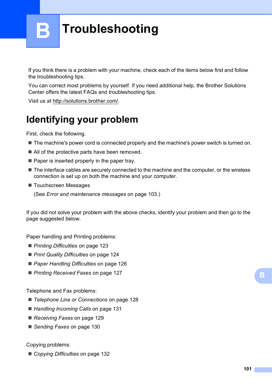 B troubleshooting, Identifying your problem, Troubleshooting | Brother MFC-J4710DW User Manual | Page 115 / 211