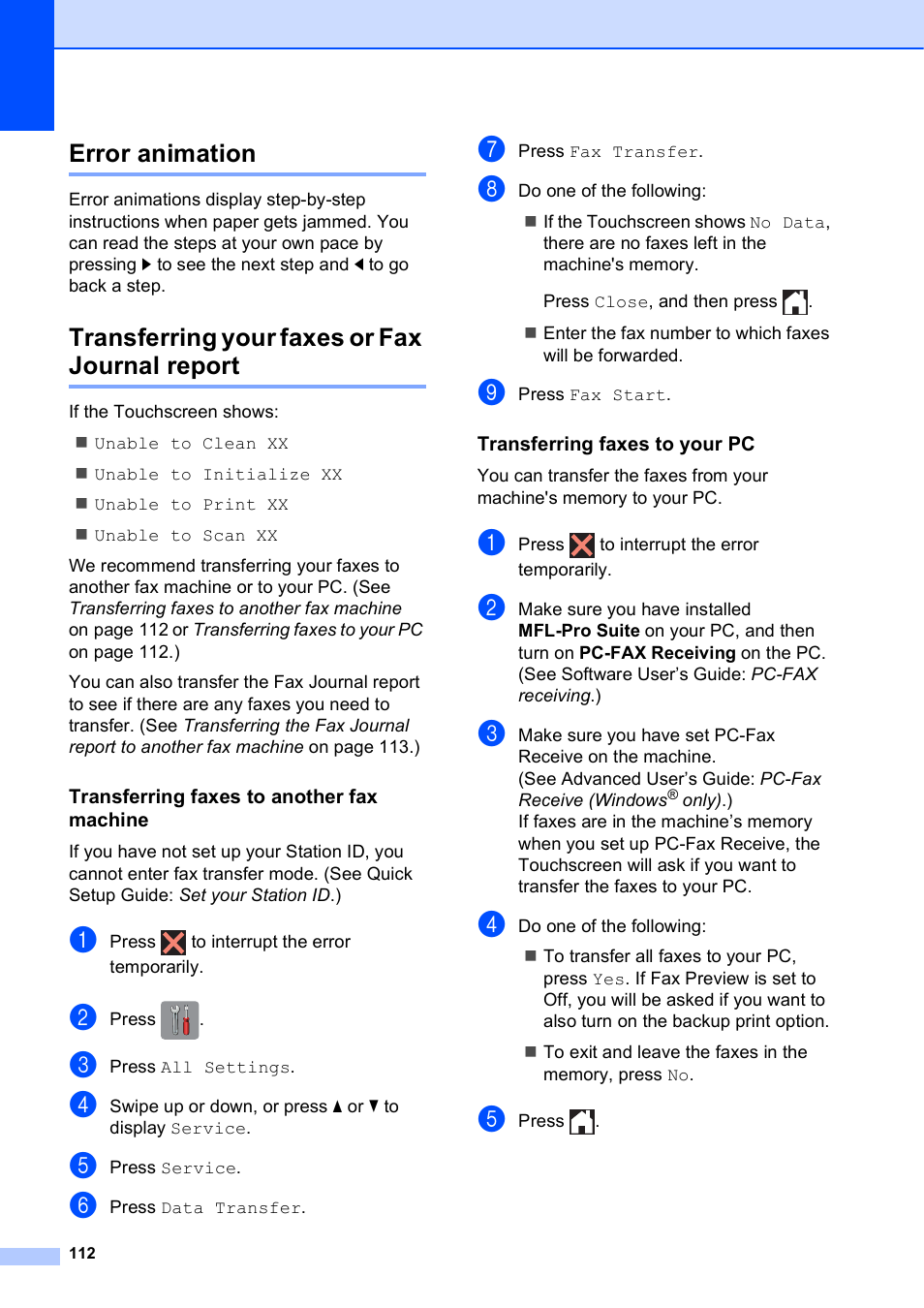 Error animation, Transferring your faxes or fax journal report, Transferring faxes to another fax machine | Transferring faxes to your pc | Brother MFC-J4710DW User Manual | Page 126 / 211