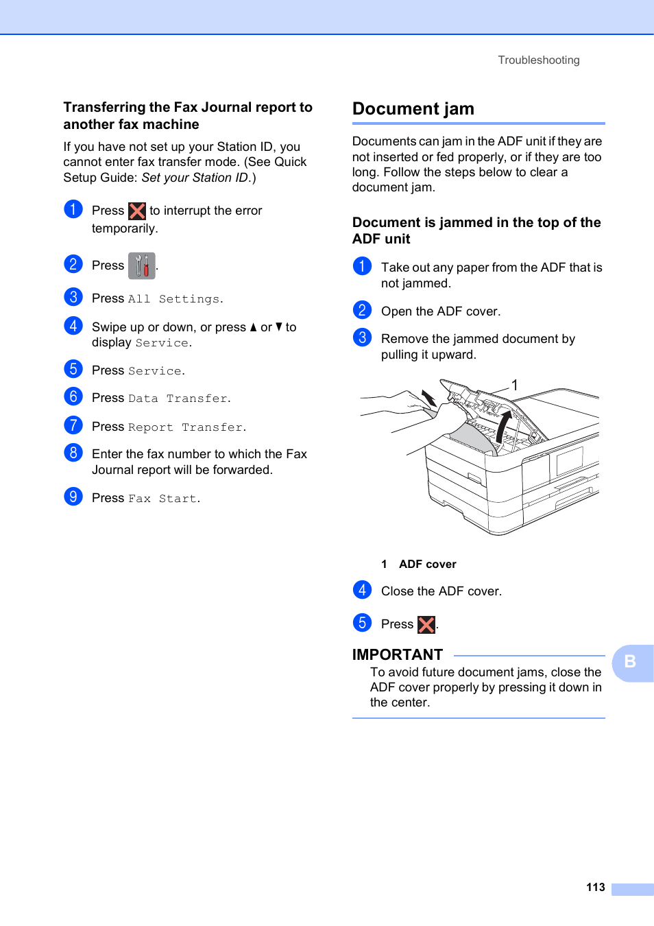 Document jam, Document is jammed in the top of the adf unit | Brother MFC-J4710DW User Manual | Page 127 / 211