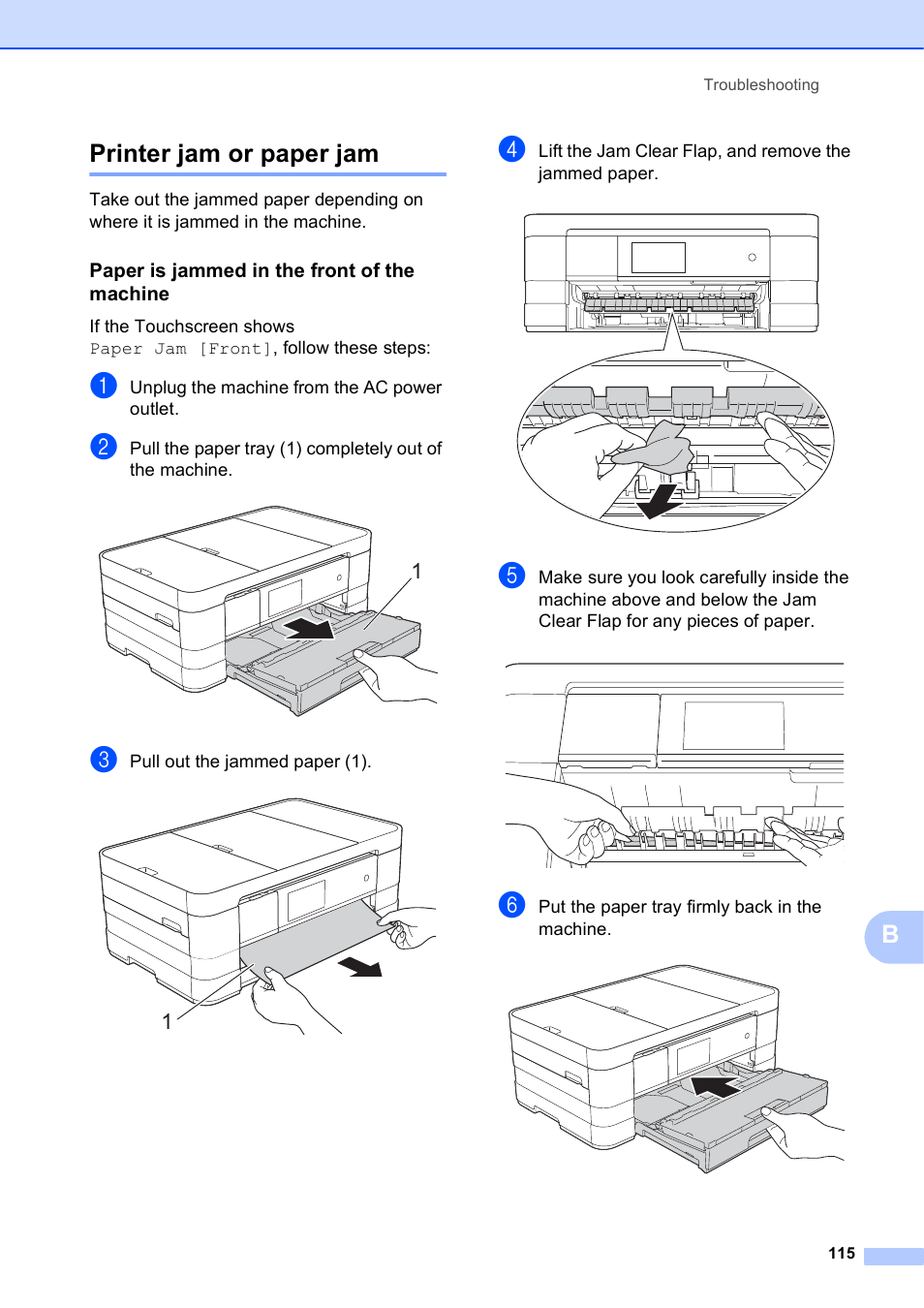 Printer jam or paper jam, Paper is jammed in the front of the machine, Bprinter jam or paper jam | Brother MFC-J4710DW User Manual | Page 129 / 211