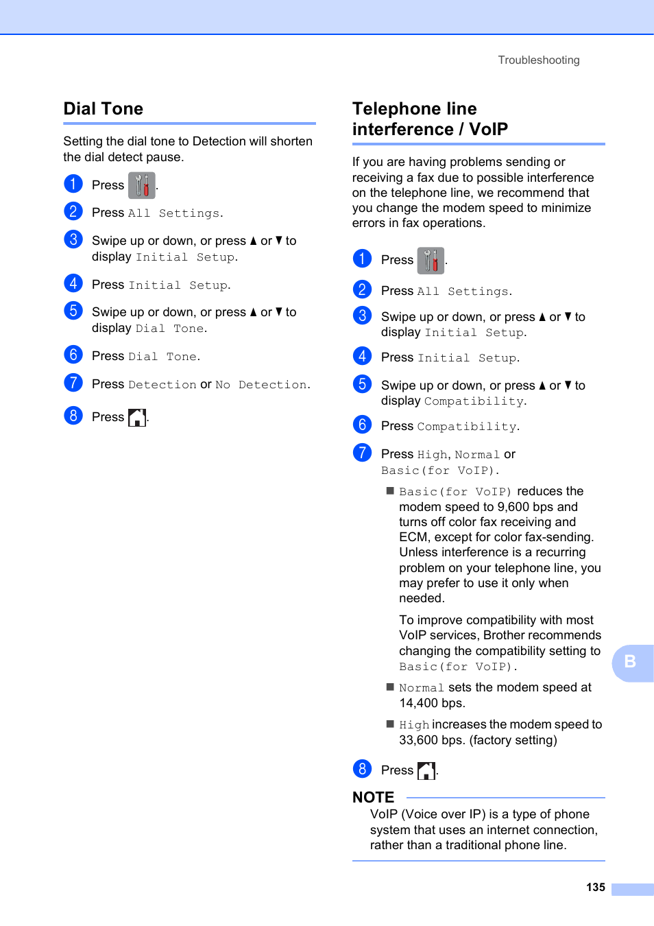 Dial tone, Telephone line interference / voip, Dial tone telephone line interference / voip | Bdial tone | Brother MFC-J4710DW User Manual | Page 149 / 211