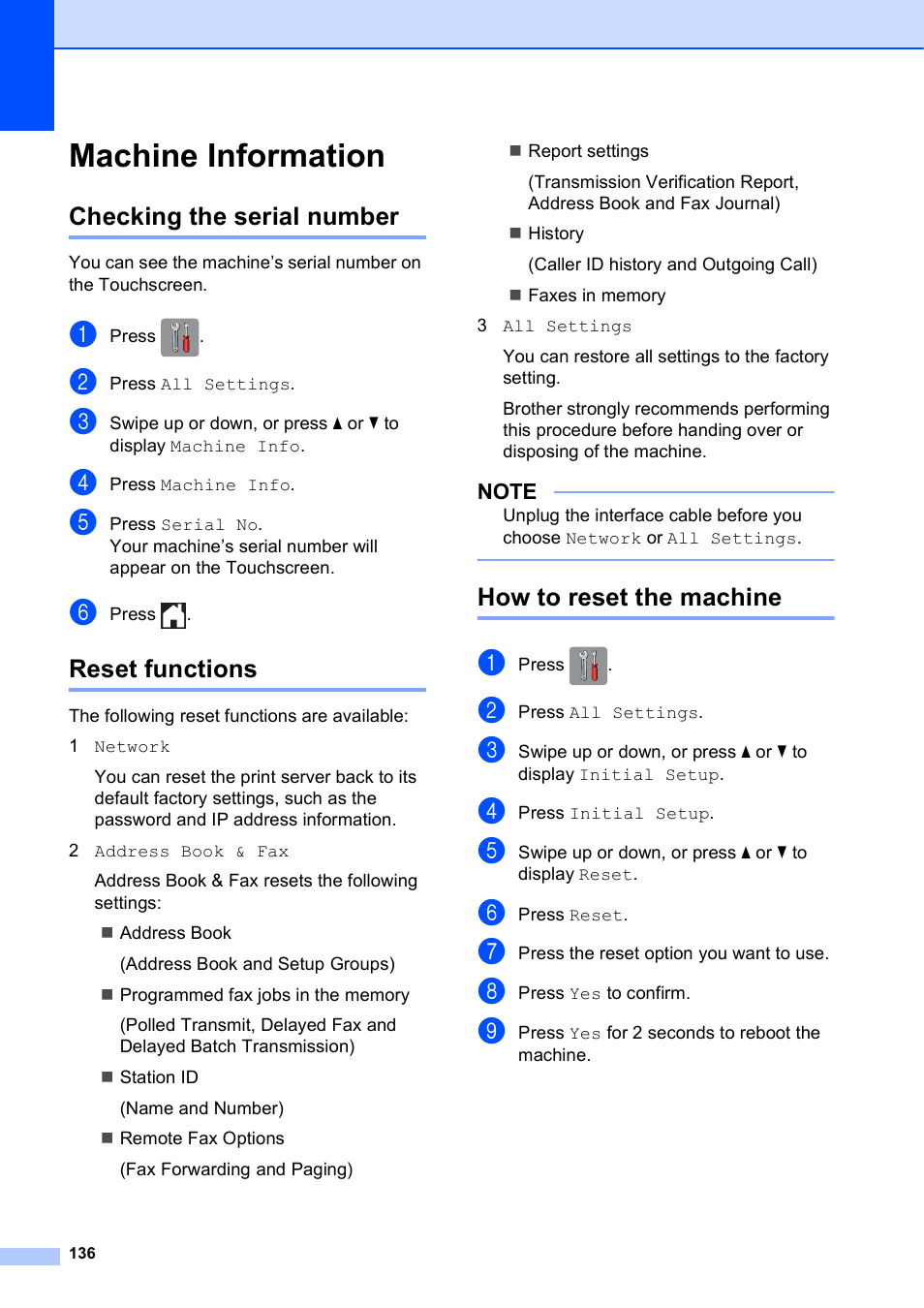 Machine information, Checking the serial number, Reset functions | How to reset the machine | Brother MFC-J4710DW User Manual | Page 150 / 211