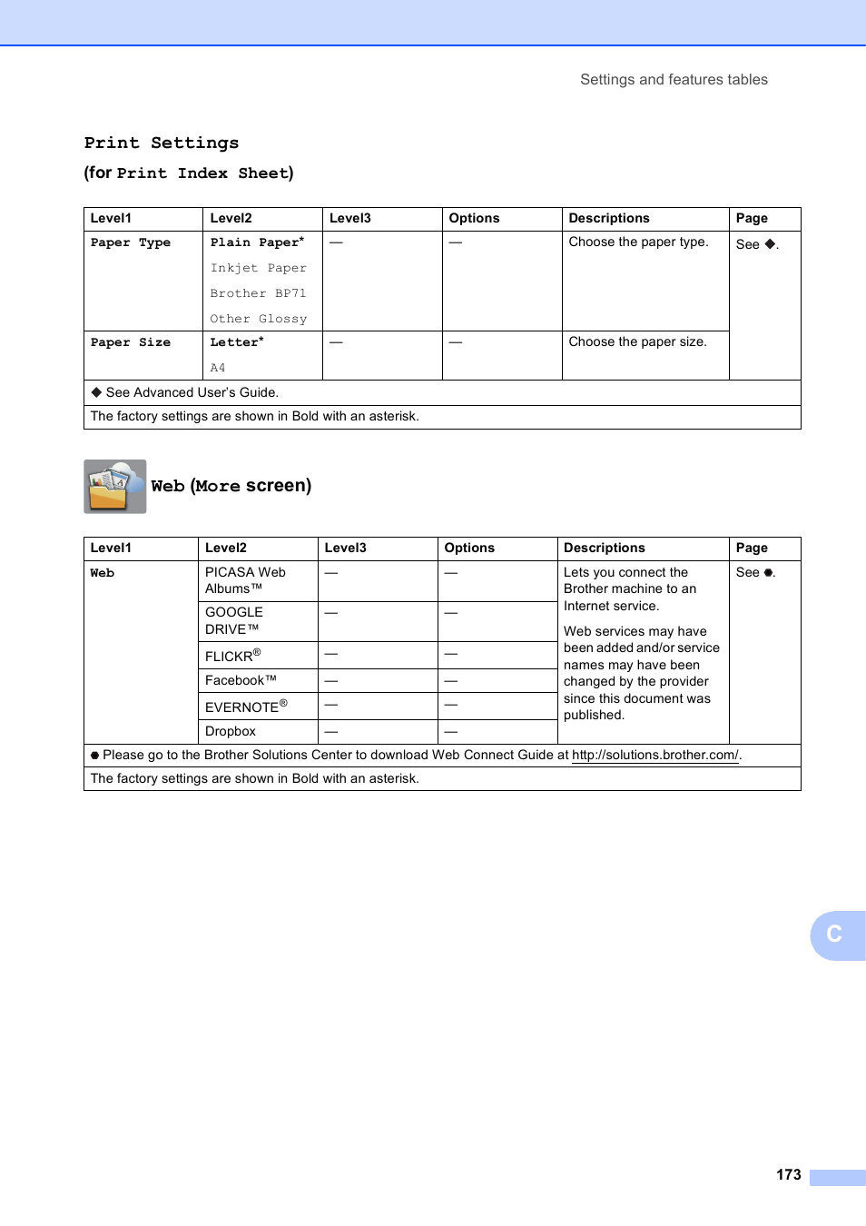 Print settings, Web (more screen), For print index sheet) | Brother MFC-J4710DW User Manual | Page 187 / 211