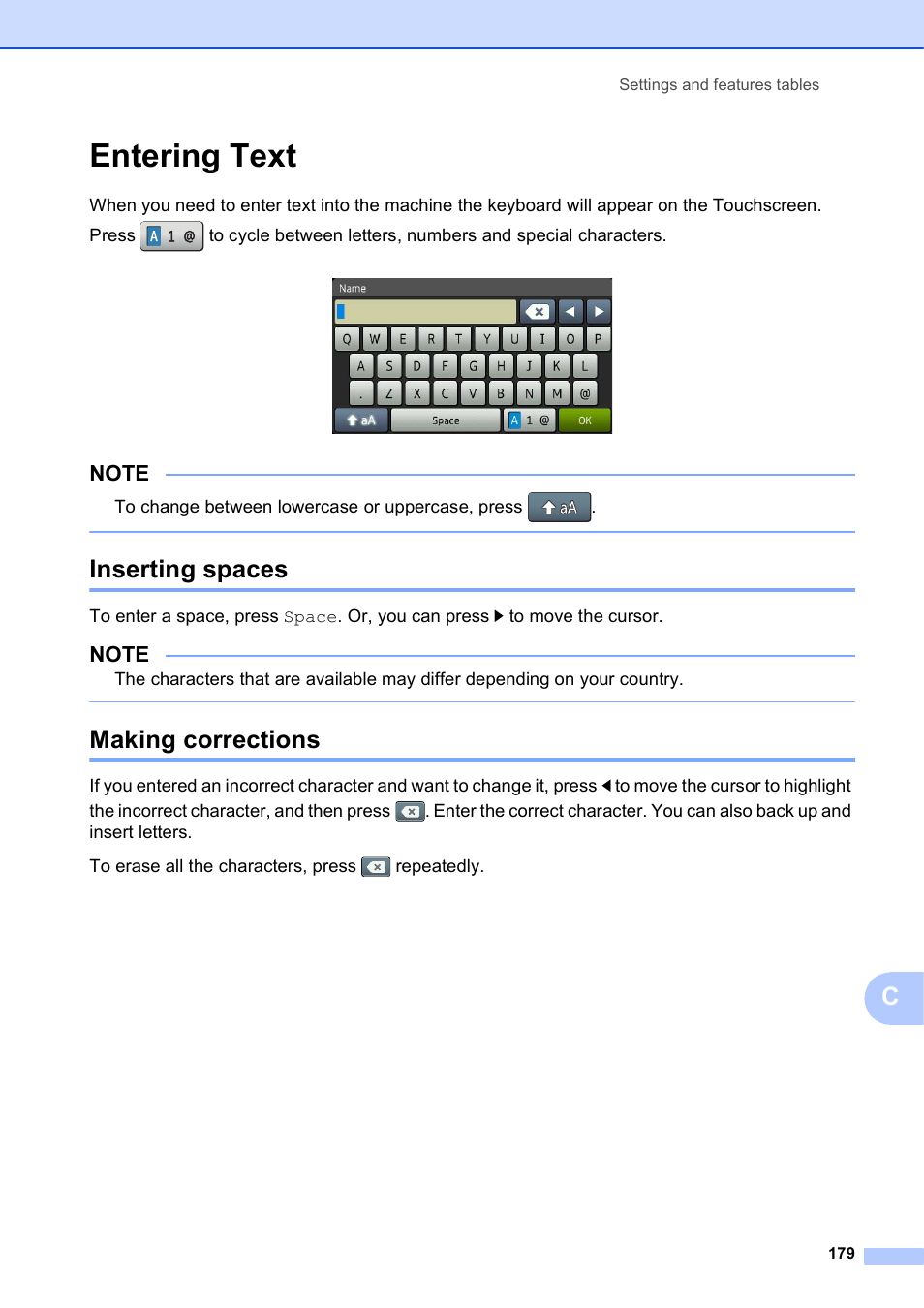 Entering text, Inserting spaces, Making corrections | Inserting spaces making corrections | Brother MFC-J4710DW User Manual | Page 193 / 211