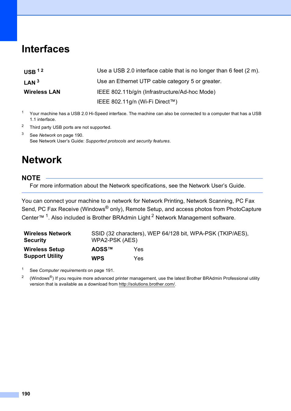 Interfaces, Network, Interfaces network | Brother MFC-J4710DW User Manual | Page 204 / 211