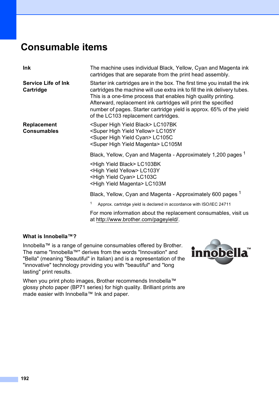 Consumable items | Brother MFC-J4710DW User Manual | Page 206 / 211