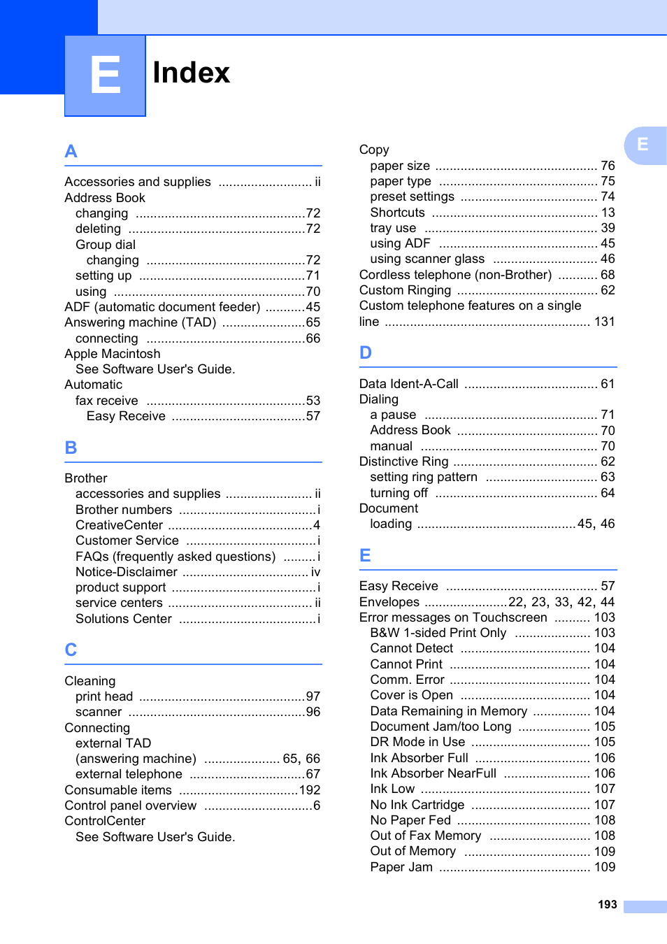 Index | Brother MFC-J4710DW User Manual | Page 207 / 211