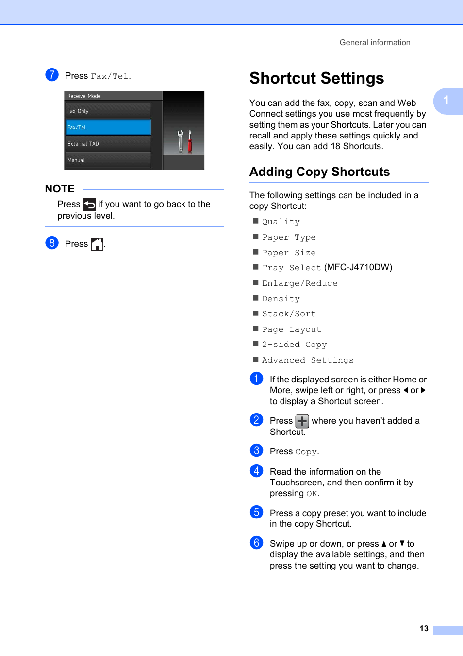 Shortcut settings, Adding copy shortcuts | Brother MFC-J4710DW User Manual | Page 27 / 211