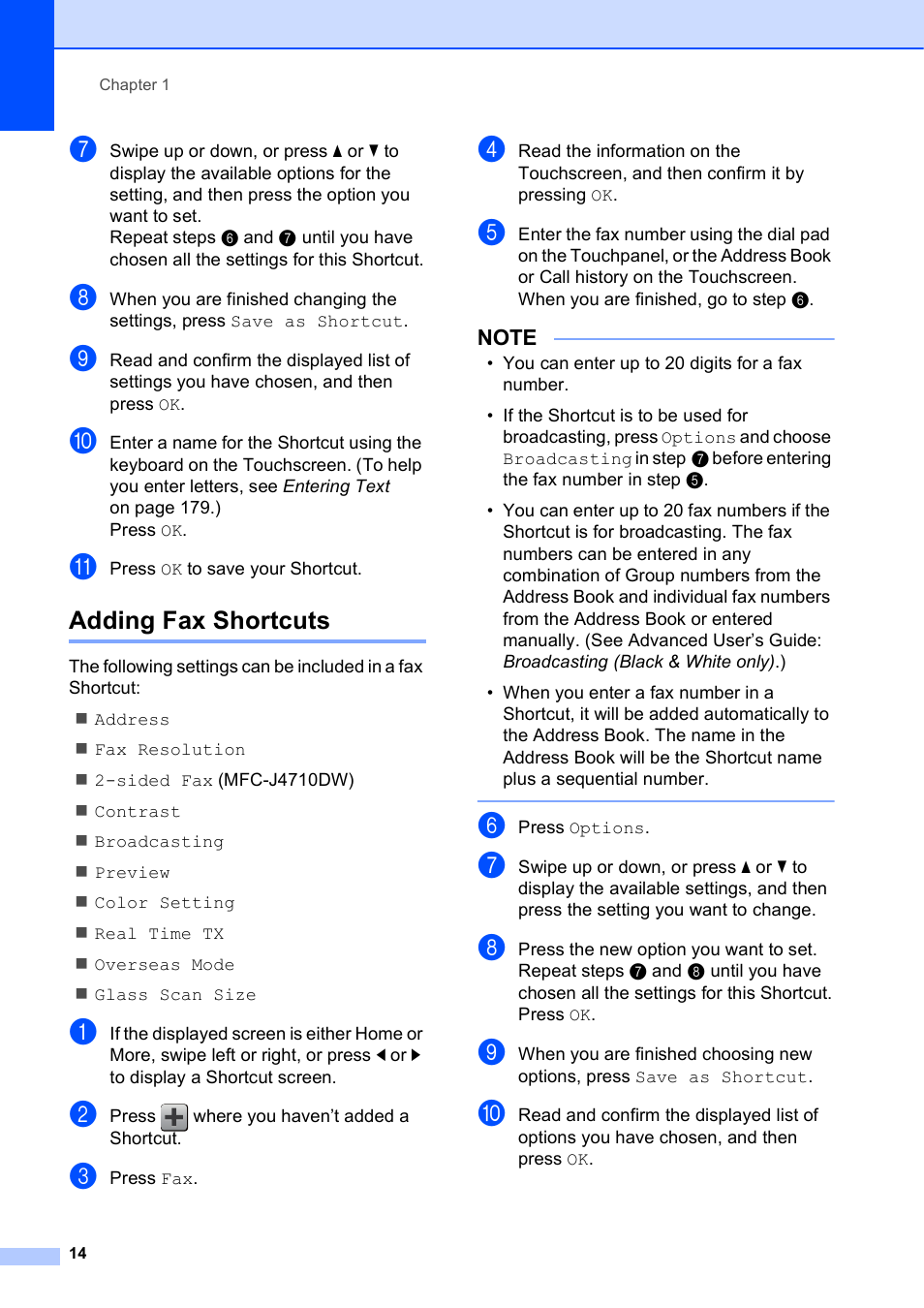 Adding fax shortcuts | Brother MFC-J4710DW User Manual | Page 28 / 211