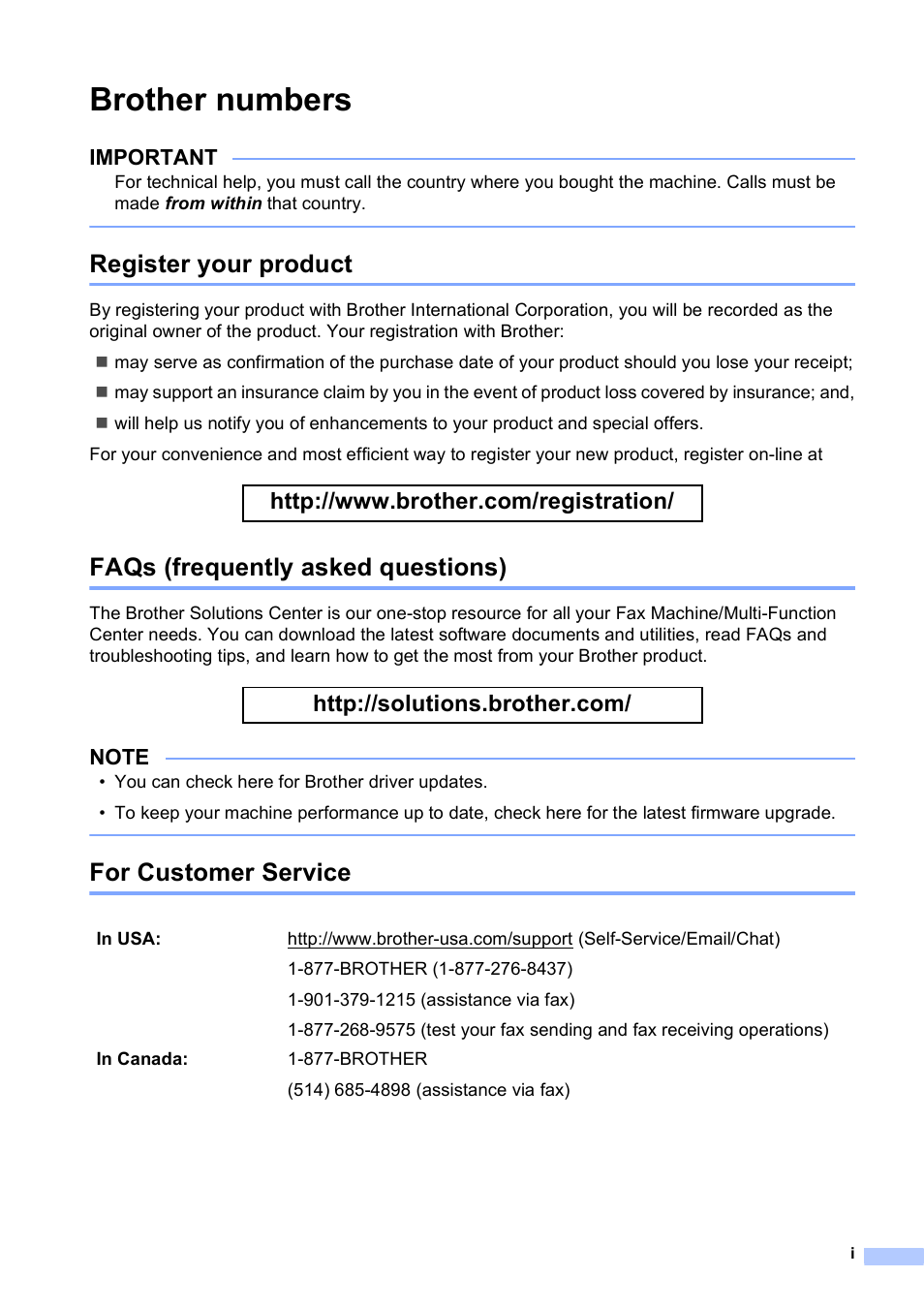 Brother numbers, Register your product, Faqs (frequently asked questions) | For customer service, Important | Brother MFC-J4710DW User Manual | Page 3 / 211