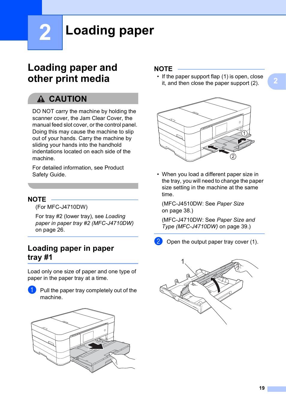 2 loading paper, Loading paper and other print media, Loading paper in paper tray #1 | Loading paper, Caution | Brother MFC-J4710DW User Manual | Page 33 / 211