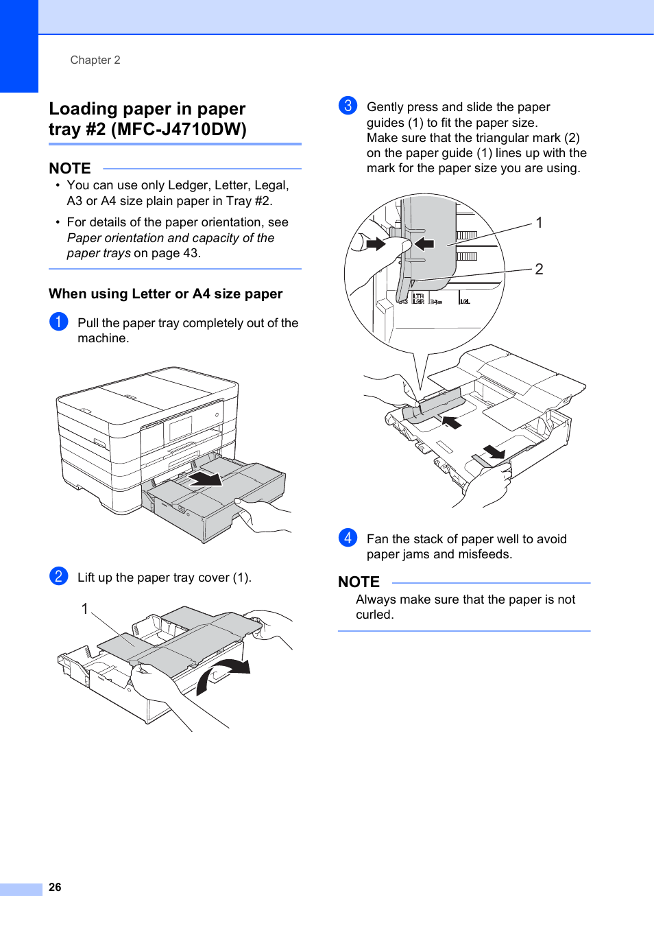 Loading paper in paper tray #2 (mfc-j4710dw), When using letter or a4 size paper | Brother MFC-J4710DW User Manual | Page 40 / 211