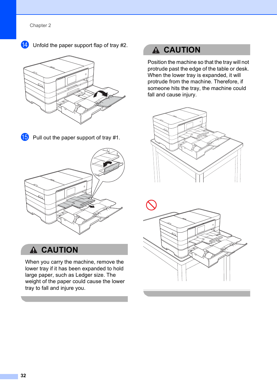 Caution, Unfold the paper support flap of tray #2, Pull out the paper support of tray #1 | Brother MFC-J4710DW User Manual | Page 46 / 211