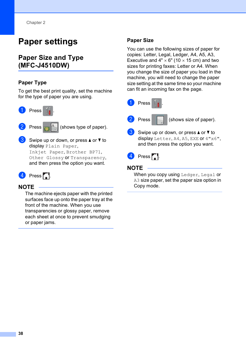 Paper settings, Paper size and type (mfc-j4510dw), Paper type | Paper size | Brother MFC-J4710DW User Manual | Page 52 / 211