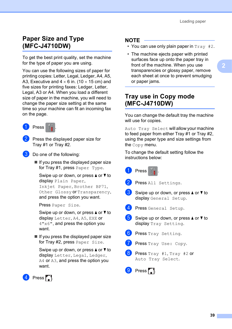 Paper size and type (mfc-j4710dw), Tray use in copy mode (mfc-j4710dw) | Brother MFC-J4710DW User Manual | Page 53 / 211