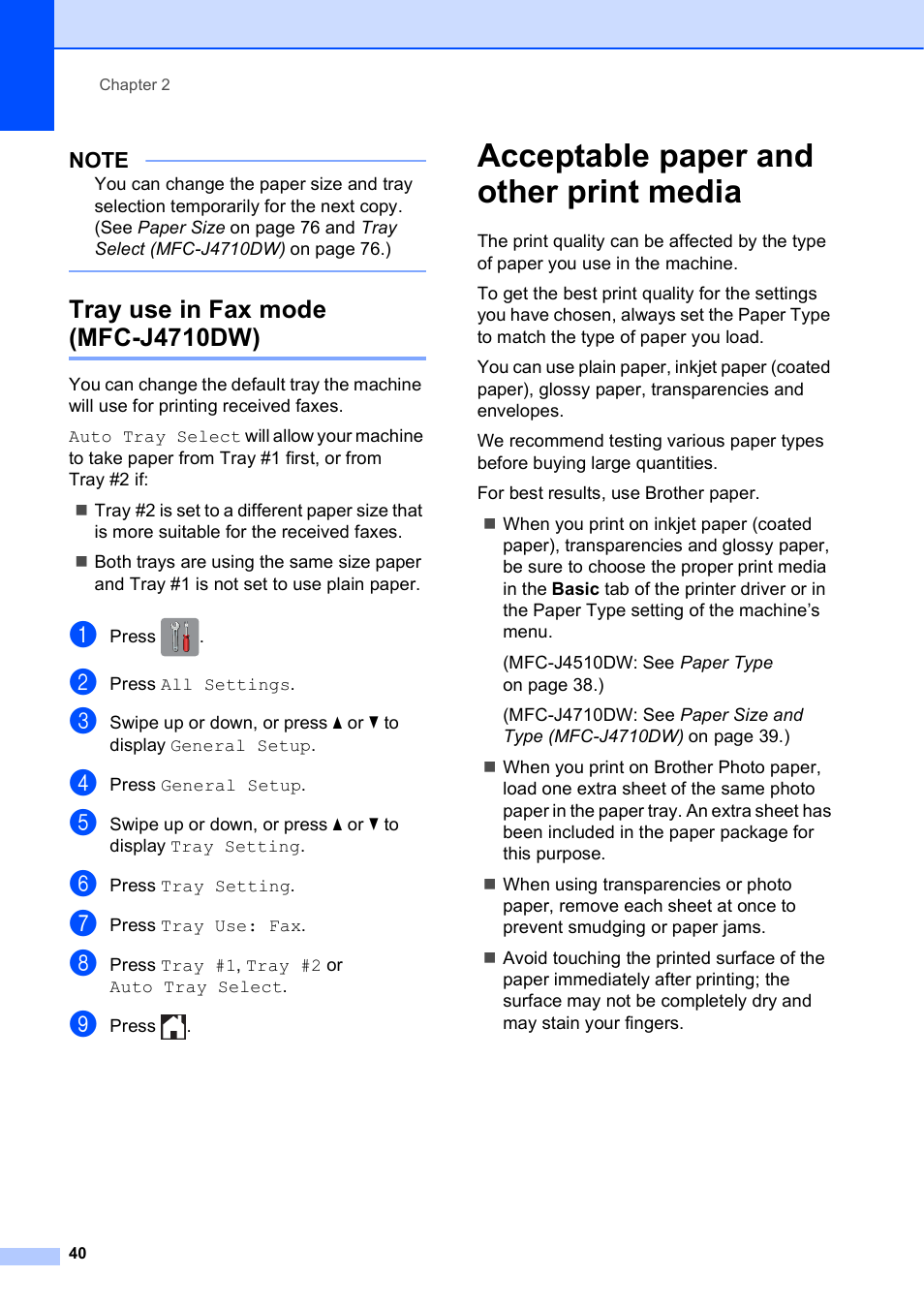 Tray use in fax mode (mfc-j4710dw), Acceptable paper and other print media | Brother MFC-J4710DW User Manual | Page 54 / 211