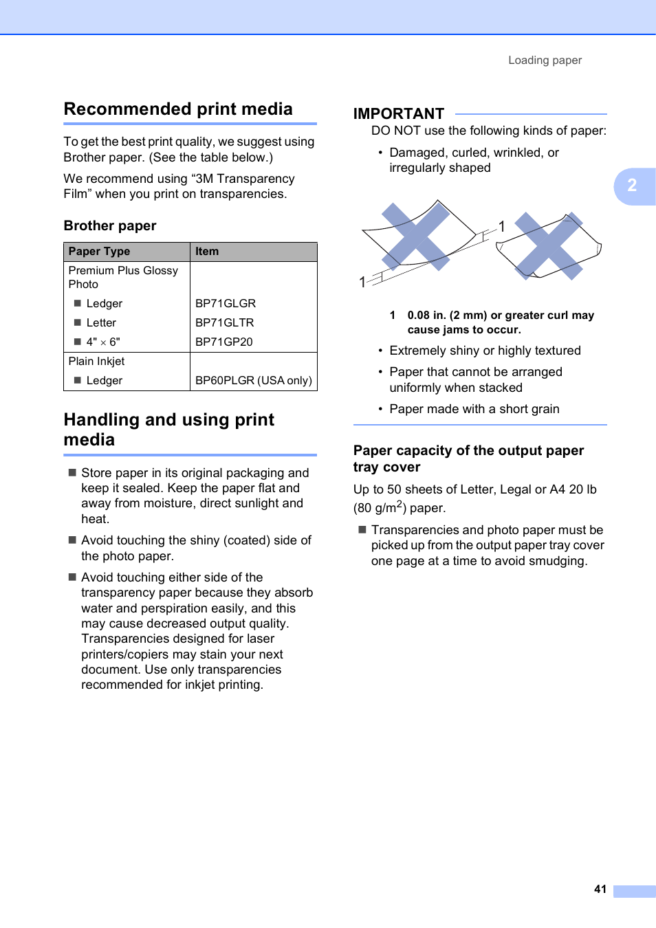 Recommended print media, Handling and using print media, Paper capacity of the output paper tray cover | 2recommended print media, Important, Brother paper | Brother MFC-J4710DW User Manual | Page 55 / 211