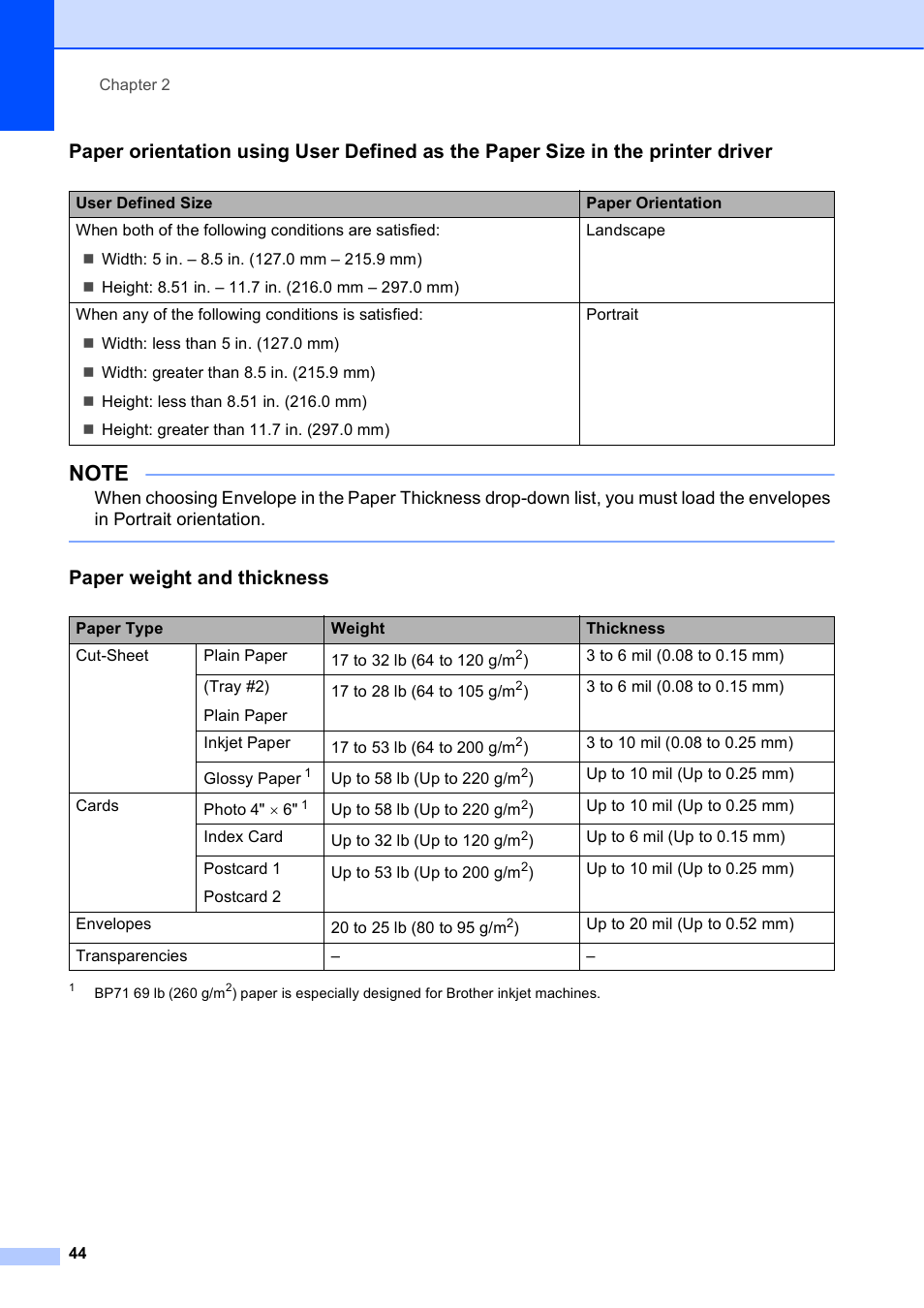 Paper weight and thickness | Brother MFC-J4710DW User Manual | Page 58 / 211