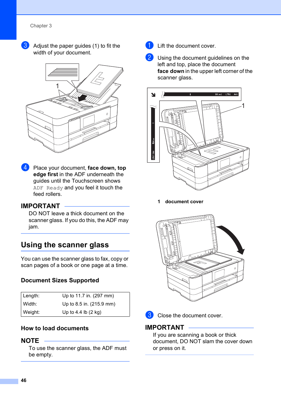 Using the scanner glass, Document sizes supported, How to load documents | Important | Brother MFC-J4710DW User Manual | Page 60 / 211