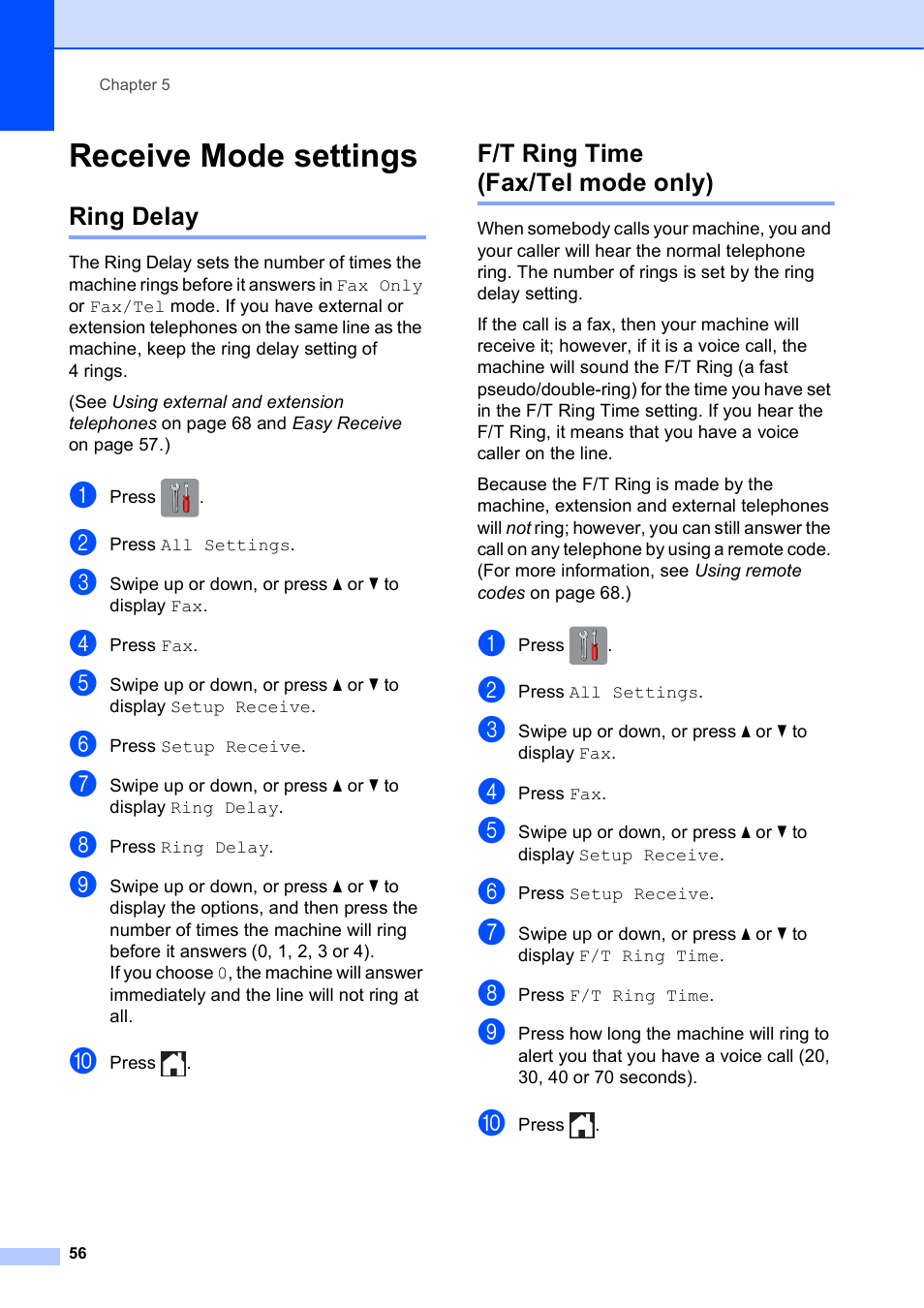 Receive mode settings, Ring delay, F/t ring time (fax/tel mode only) | Ring delay f/t ring time (fax/tel mode only) | Brother MFC-J4710DW User Manual | Page 70 / 211