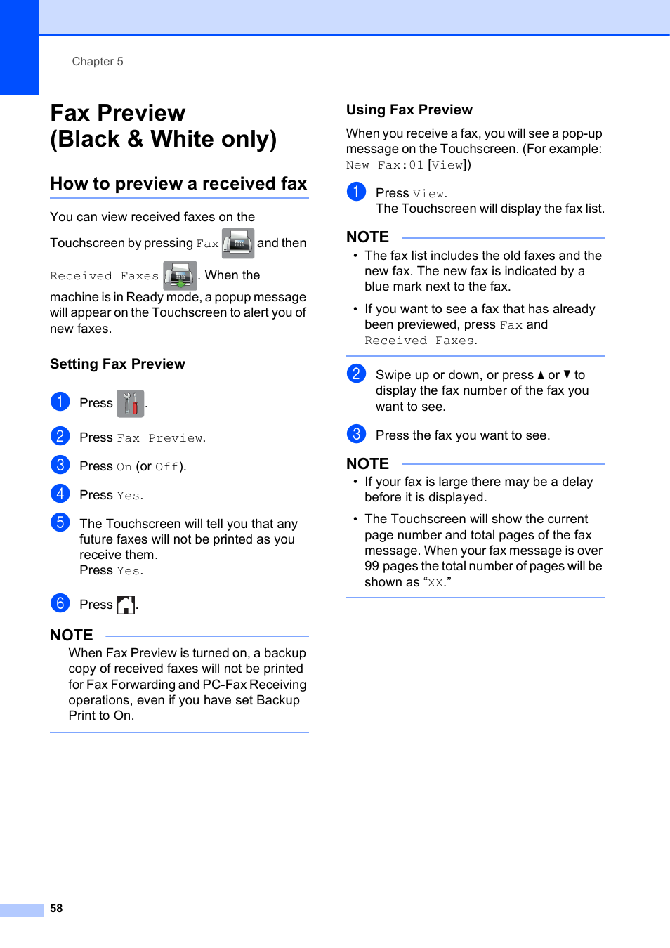 Fax preview (black & white only), How to preview a received fax, Setting fax preview | Using fax preview | Brother MFC-J4710DW User Manual | Page 72 / 211