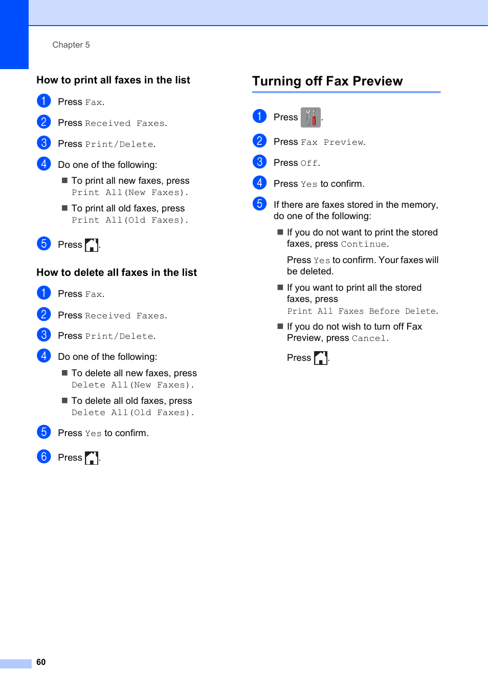 How to print all faxes in the list, How to delete all faxes in the list, Turning off fax preview | Brother MFC-J4710DW User Manual | Page 74 / 211