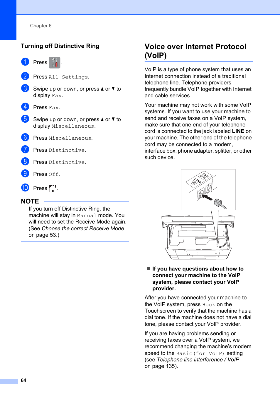 Turning off distinctive ring, Voice over internet protocol (voip) | Brother MFC-J4710DW User Manual | Page 78 / 211