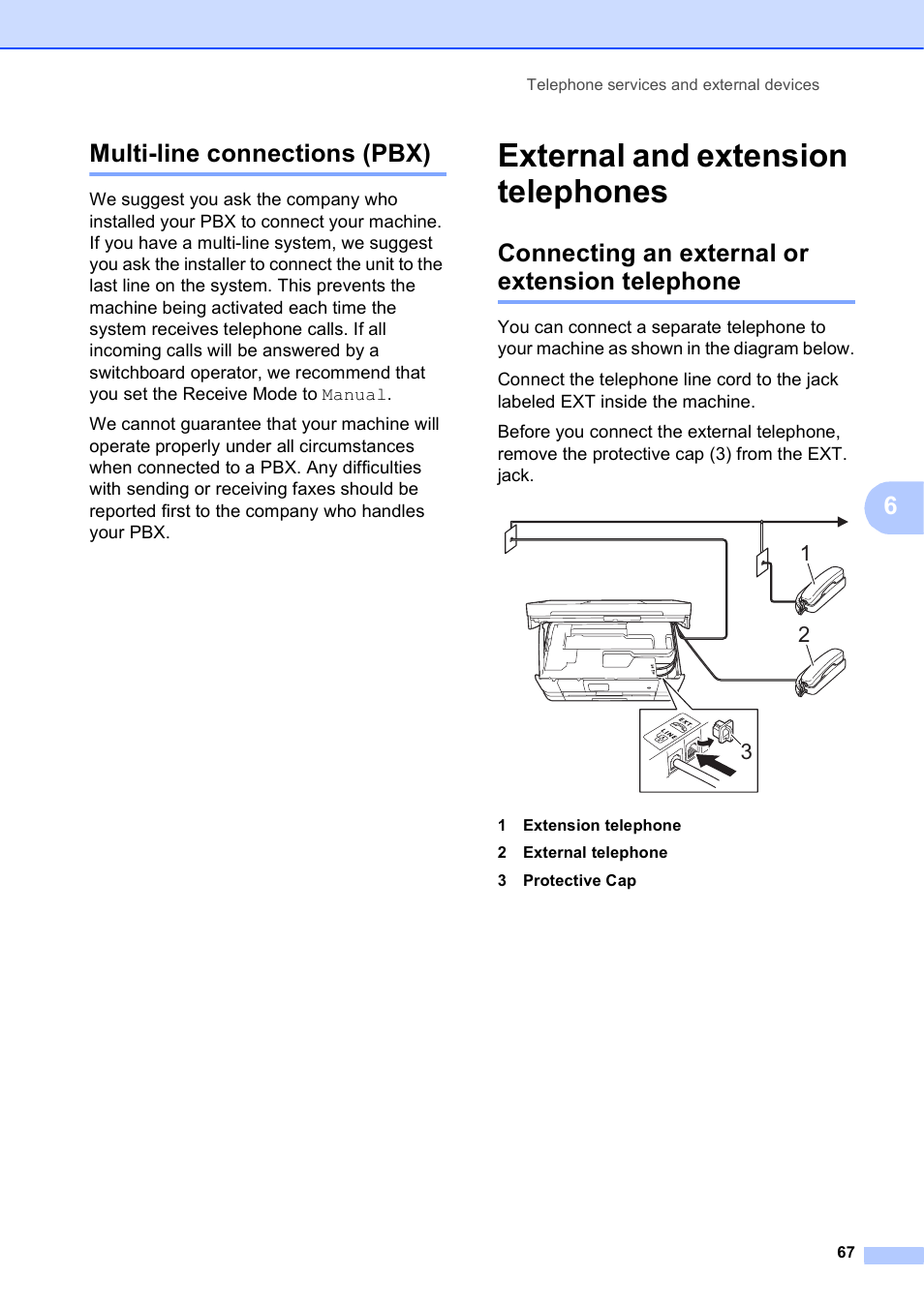 Multi-line connections (pbx), External and extension telephones, Connecting an external or extension telephone | 6multi-line connections (pbx) | Brother MFC-J4710DW User Manual | Page 81 / 211