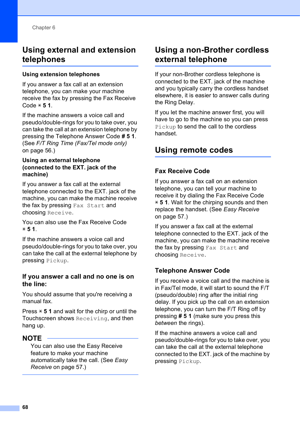 Using external and extension telephones, If you answer a call and no one is on the line, Using a non-brother cordless external telephone | Using remote codes, Fax receive code, Telephone answer code | Brother MFC-J4710DW User Manual | Page 82 / 211