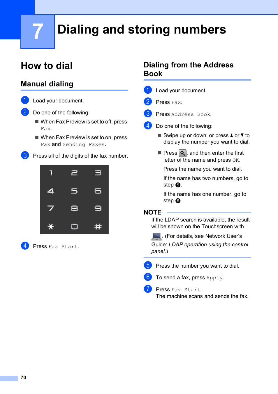 7 dialing and storing numbers, How to dial, Manual dialing | Dialing from the address book, Dialing and storing numbers, Manual dialing dialing from the address book | Brother MFC-J4710DW User Manual | Page 84 / 211