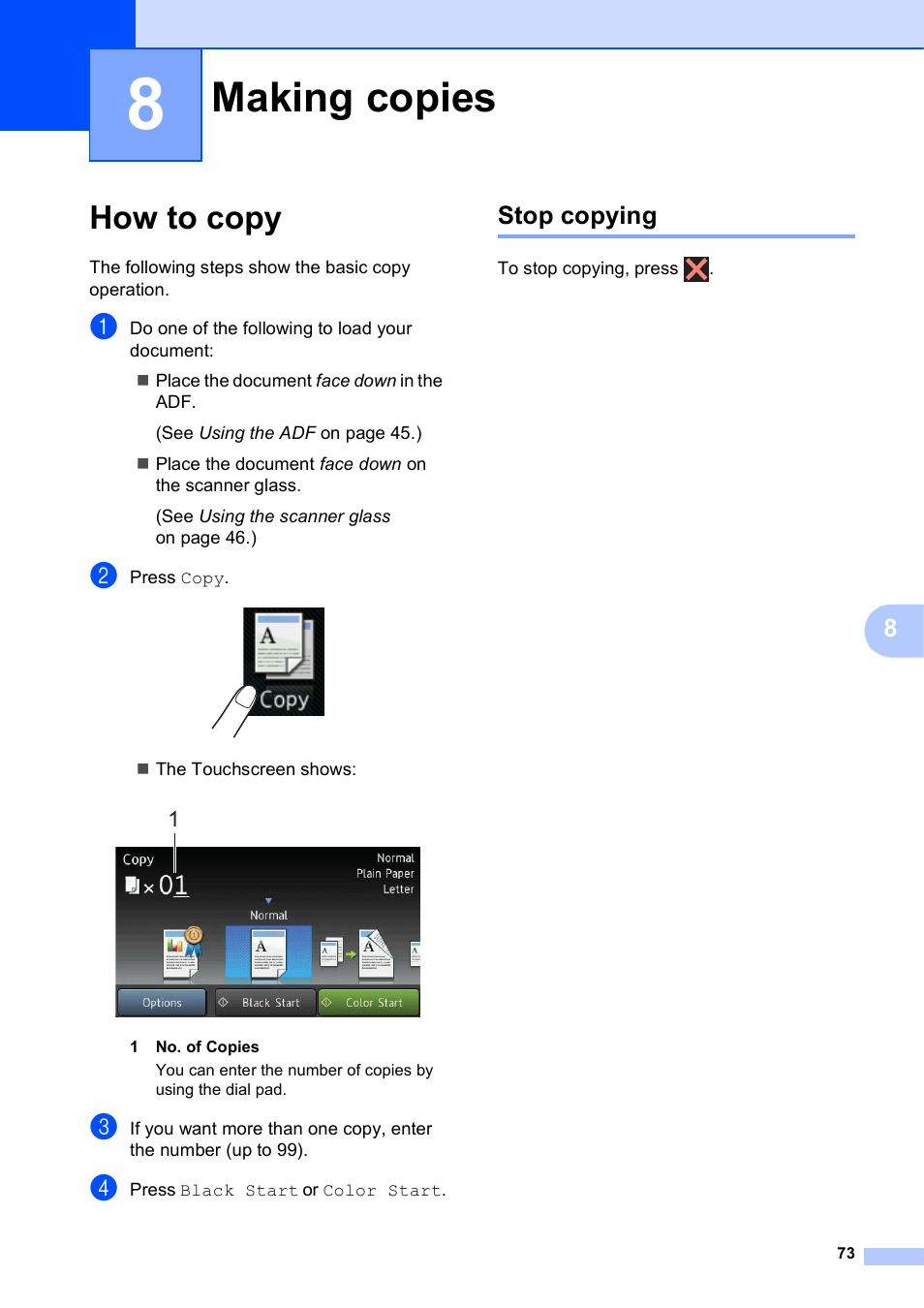 8 making copies, How to copy, Stop copying | Making copies | Brother MFC-J4710DW User Manual | Page 87 / 211