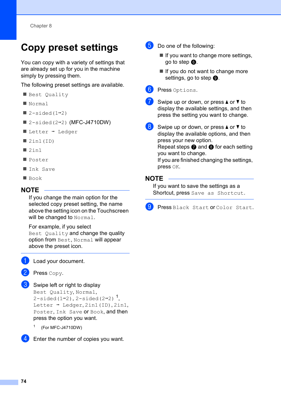 Copy preset settings | Brother MFC-J4710DW User Manual | Page 88 / 211