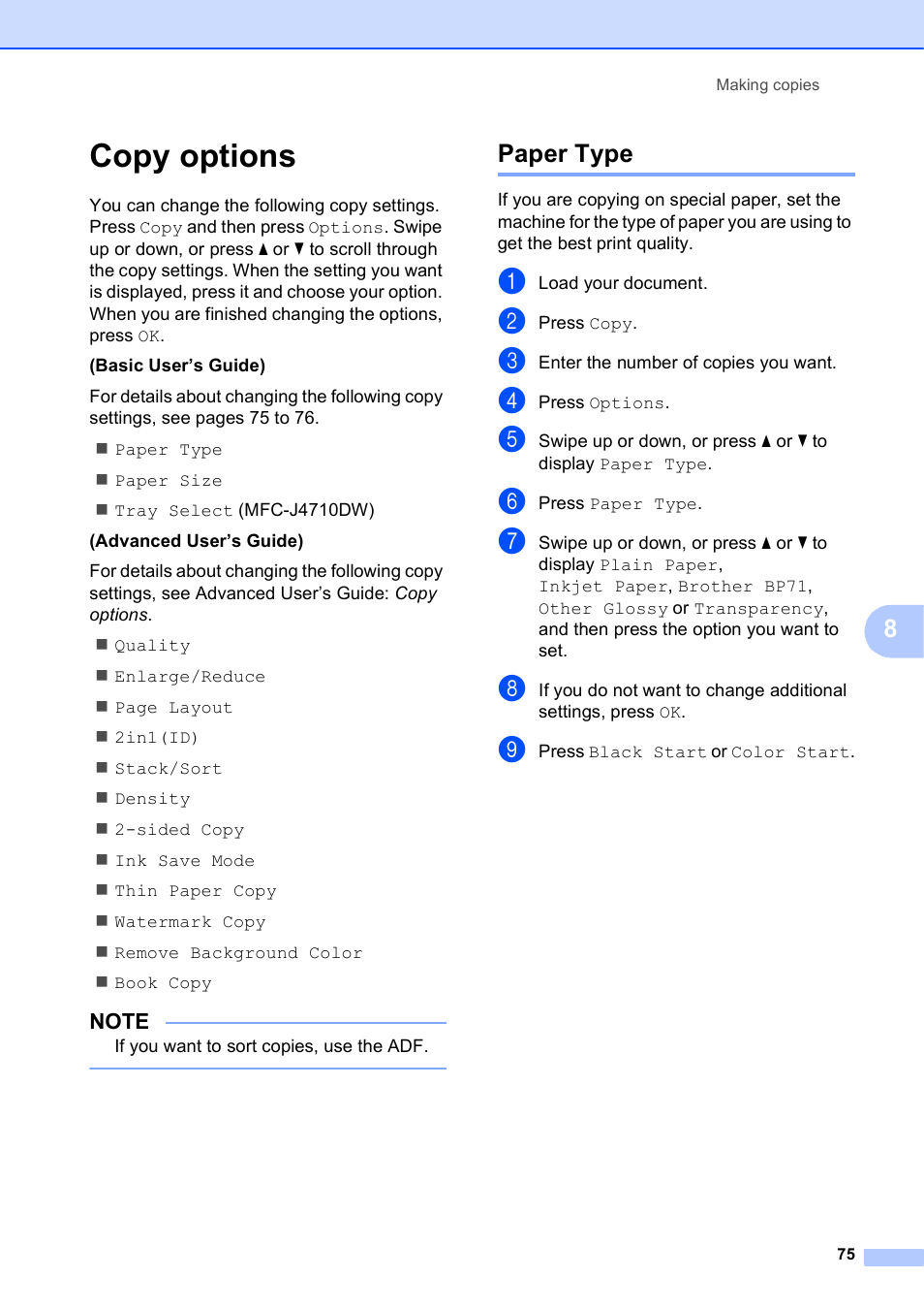 Copy options, Paper type | Brother MFC-J4710DW User Manual | Page 89 / 211