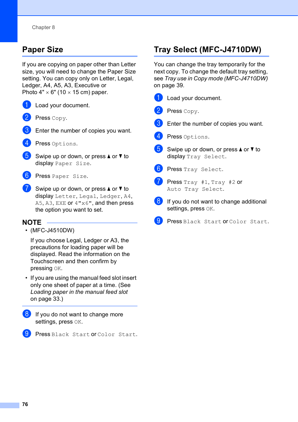 Paper size, Tray select (mfc-j4710dw), Paper size tray select (mfc-j4710dw) | Brother MFC-J4710DW User Manual | Page 90 / 211