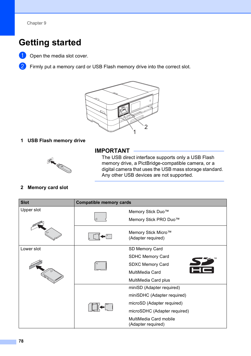 Getting started, Important, Open the media slot cover | Brother MFC-J4710DW User Manual | Page 92 / 211