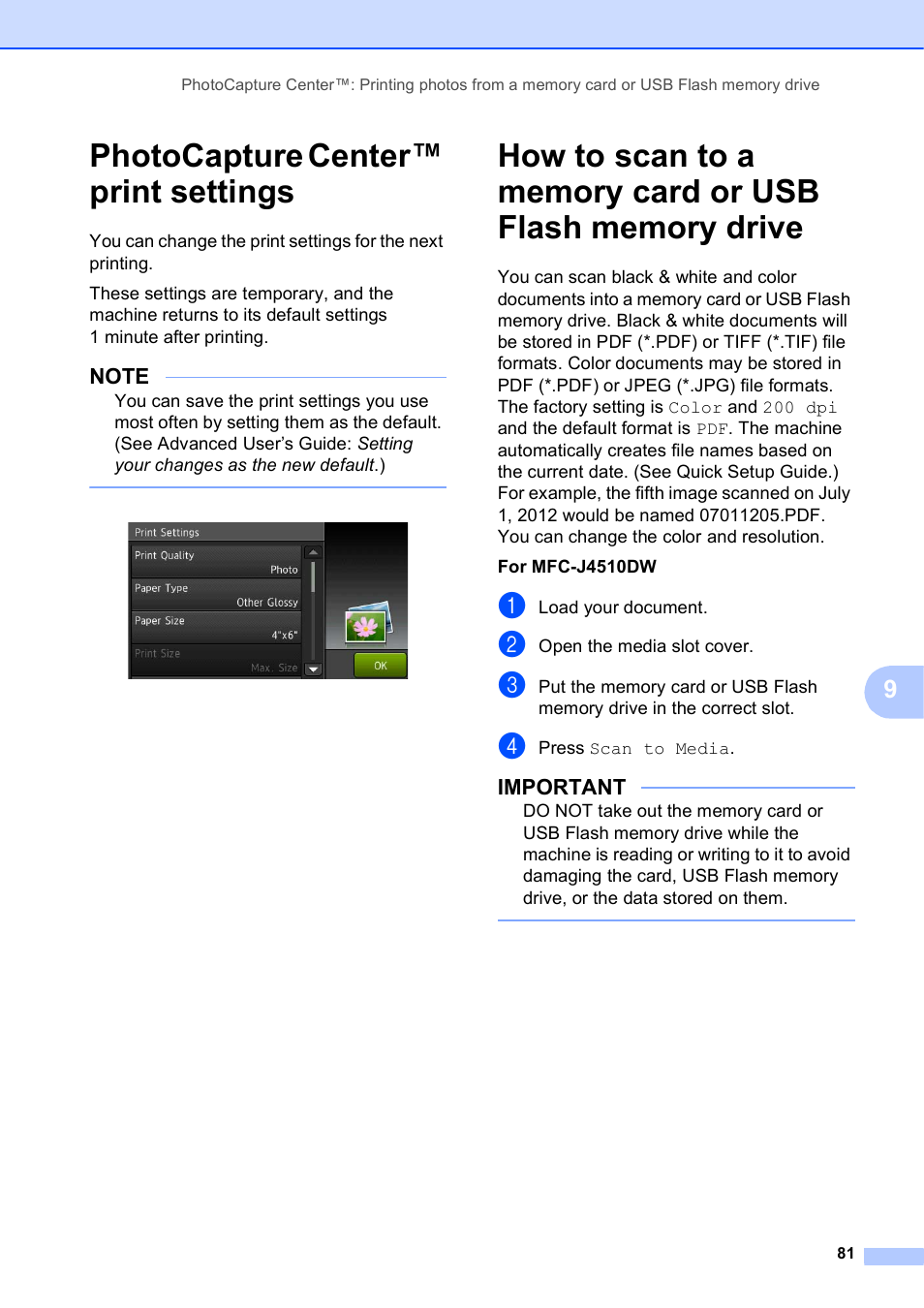 Photocapture center™ print settings | Brother MFC-J4710DW User Manual | Page 95 / 211