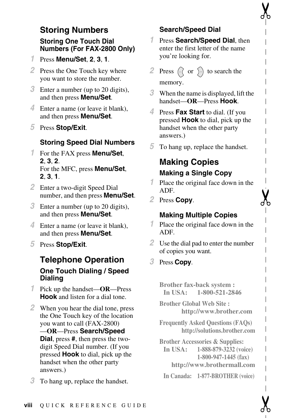 Storing numbers, Telephone operation, Making copies | Brother FAX-2800 User Manual | Page 10 / 228