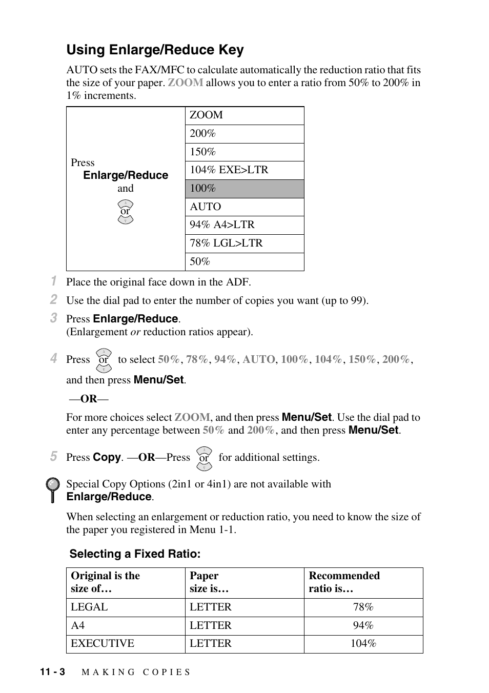 Using enlarge/reduce key, Using enlarge/reduce key -3 | Brother FAX-2800 User Manual | Page 100 / 228