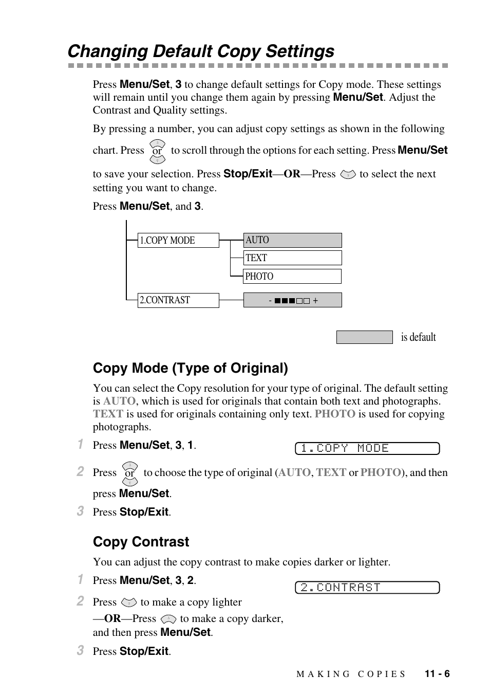 Changing default copy settings, Copy mode (type of original), Copy contrast | Changing default copy settings -6, Copy mode (type of original) -6 copy contrast -6 | Brother FAX-2800 User Manual | Page 103 / 228