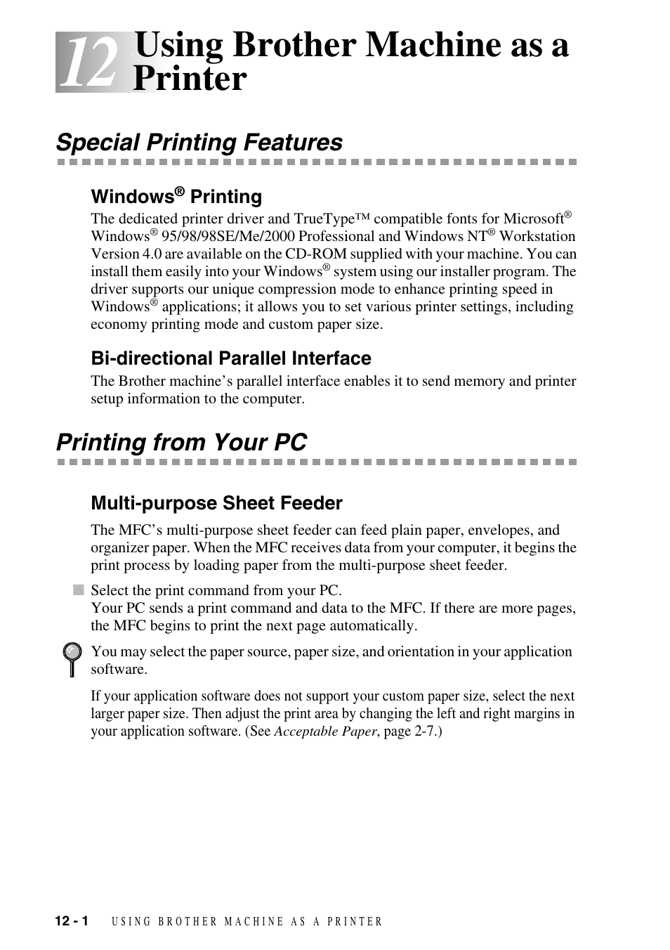 12 using brother machine as a printer, Special printing features, Windows® printing | Bi-directional parallel interface, Printing from your pc, Multi-purpose sheet feeder, Using brother machine as a printer -1, Special printing features -1, Windows, Printing -1 | Brother FAX-2800 User Manual | Page 104 / 228