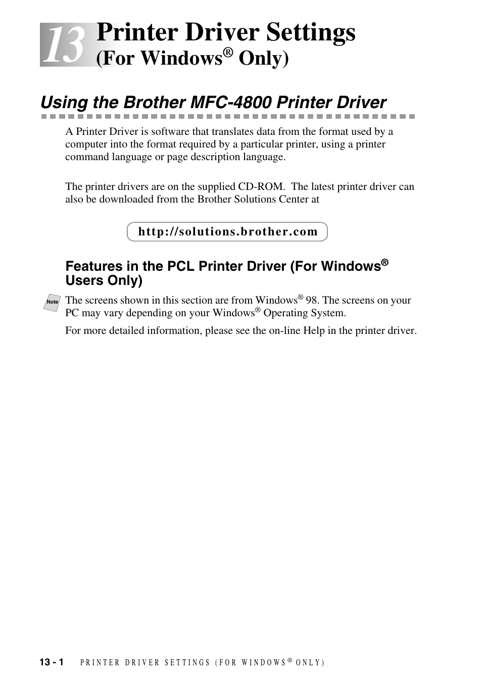 13 printer driver settings (for windows® only), Using the brother mfc-4800 printer driver, Printer driver settings (for windows | Only) -1, Using the brother mfc-4800 printer driver -1, Features in the pcl printer driver, For windows, Users only) -1, Printer driver settings, Only) | Brother FAX-2800 User Manual | Page 108 / 228