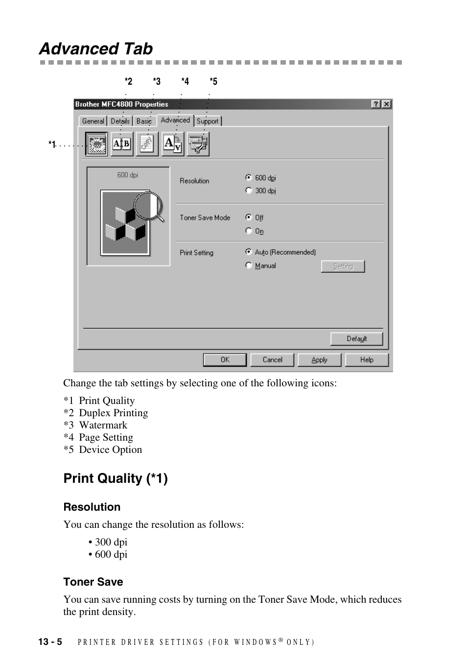 Advanced tab, Print quality (*1), Resolution | Toner save, Advanced tab -5, Print quality (*1) -5, Resolution -5 toner save -5 | Brother FAX-2800 User Manual | Page 112 / 228