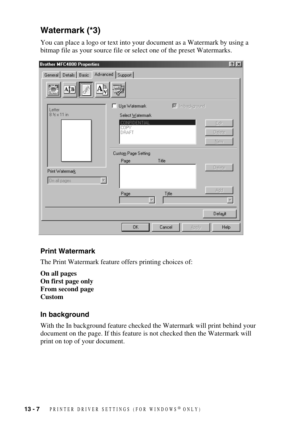 Watermark (*3), Print watermark, In background | Watermark (*3) -7, Print watermark -7 in background -7 | Brother FAX-2800 User Manual | Page 114 / 228
