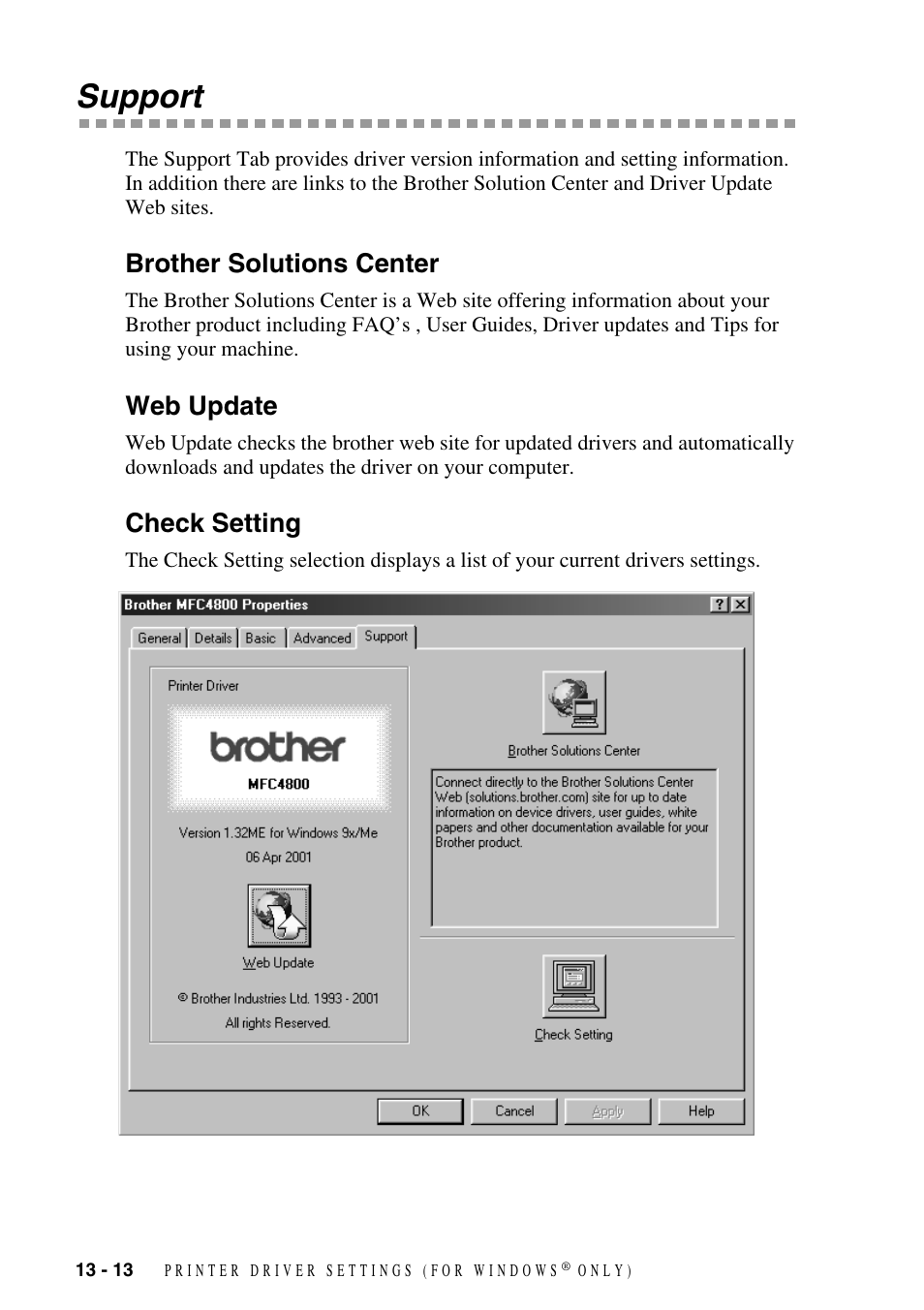 Support, Brother solutions center, Web update | Check setting, Support -13 | Brother FAX-2800 User Manual | Page 120 / 228