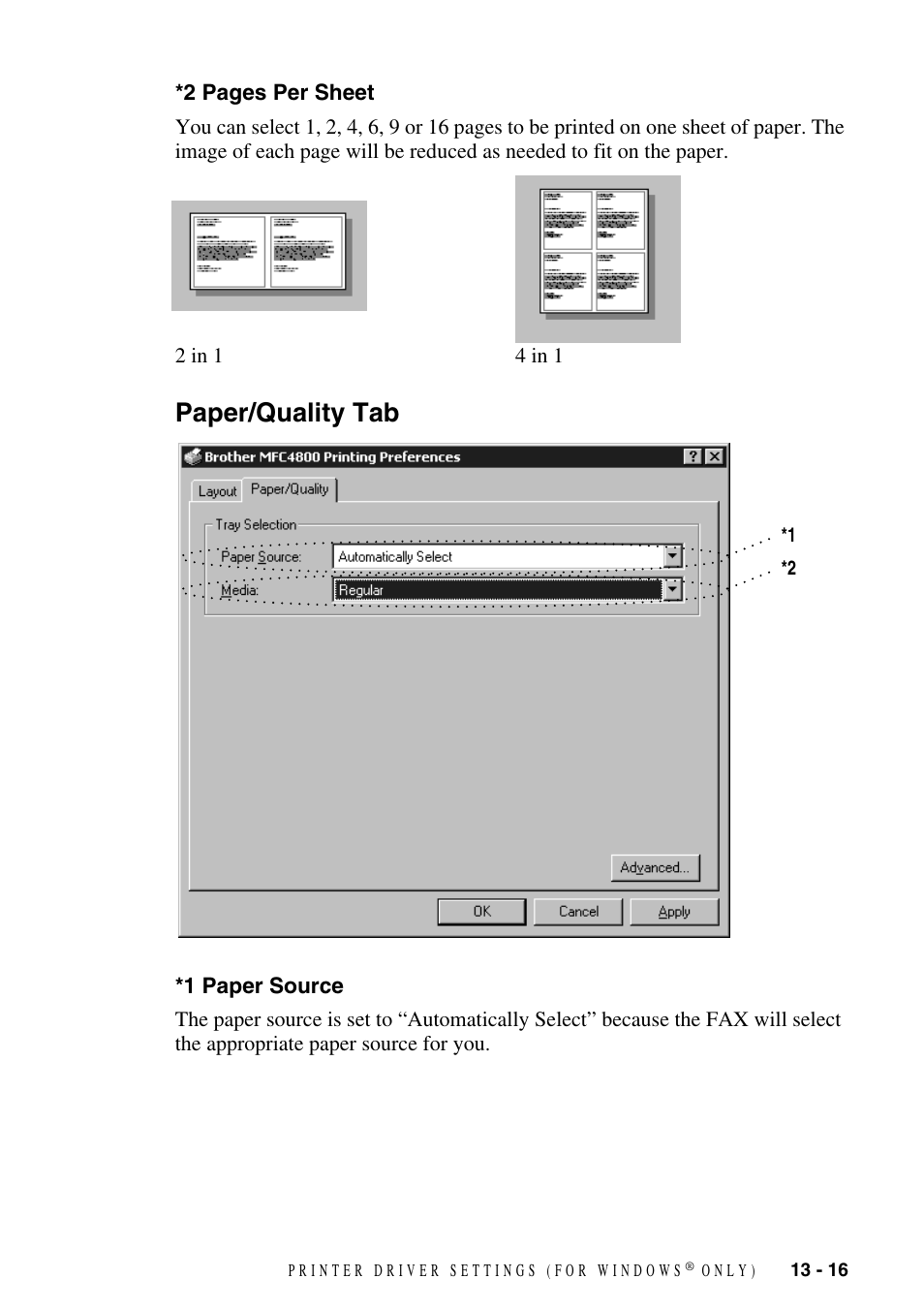 Paper/quality tab, 1 paper source, Paper/quality tab -16 | 1 paper source -16 | Brother FAX-2800 User Manual | Page 123 / 228