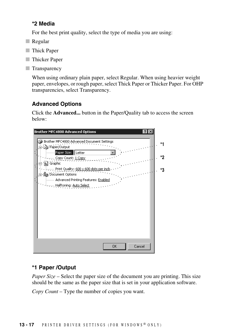 2 media, Advanced options, 1 paper /output | Brother FAX-2800 User Manual | Page 124 / 228