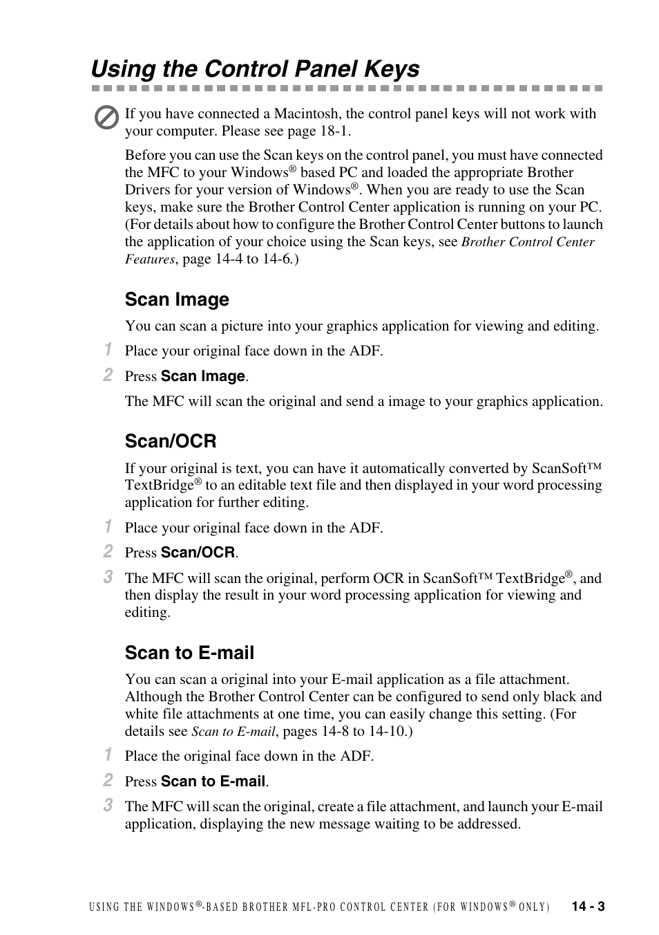 Using the control panel keys, Scan image, Scan/ocr | Scan to e-mail, Using the control panel keys -3, Scan image -3 scan/ocr -3 scan to e-mail -3 | Brother FAX-2800 User Manual | Page 129 / 228